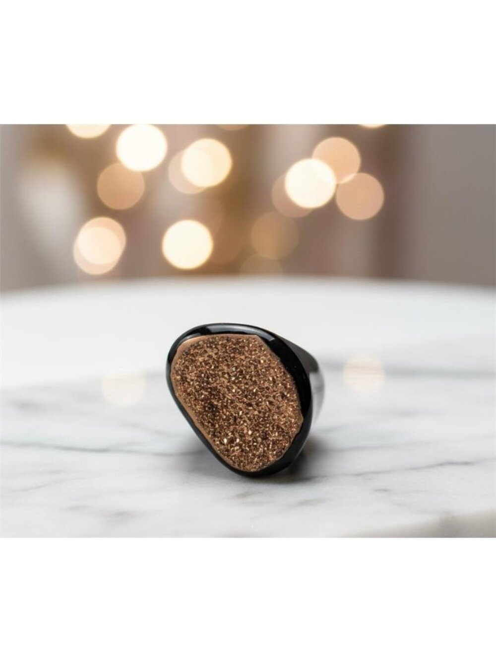 Women's Black Onyx Ring Rose Gold Druzy Accent Size 6